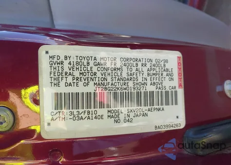 1998 Toyota Camry Le from USA, damaged, VIN JT2BG22K6W0193271